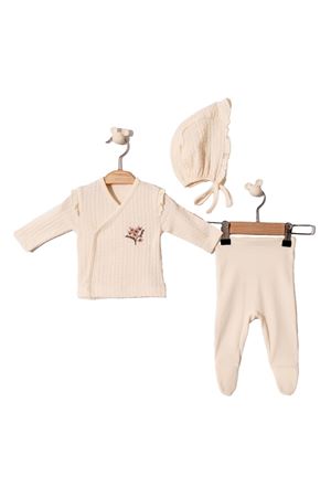 Kız Bebek Ekru Çicek Nakışlı Fırfırlı Likrali Bereli 3'lü Takım