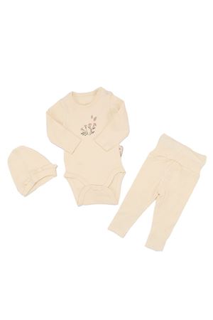 Kız Bebek Ekru Çicek Baskılı Zıbınlı Bereli 3'lü Takım