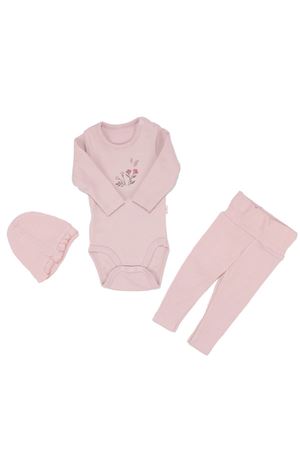 Kız Bebek Somon Çicek Baskılı Zıbınlı Bereli 3'lü Takım