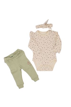Kız Bebek Ekru Yeşil Küçük Çicek Desenli Zıbınlı Bandanalı 3'lü Takım