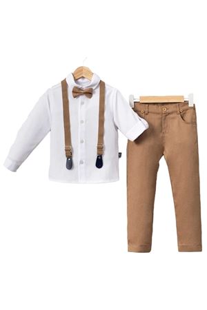 Beyaz Kahverengi Pantolon, Gömlek, Papyon ve Askılı Erkek Çocuk 3'lü Takım