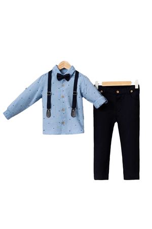 Mavi Lacivert Pantolon, Gömlek, Papyon ve Askılı Erkek Çocuk 3'lü Takım