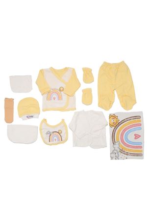 Beyaz Sarı Renkli Gökkuşağı Desenli Bebek 10 Parça Hastane Çıkış Seti