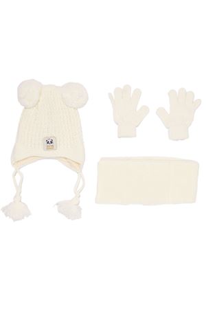 Kız Çocuk  Ekru Panda Armalı Triko Atkı Bere Takımı