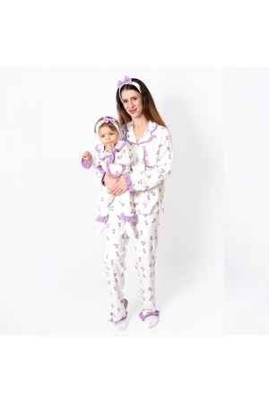 Kız Çocuk Ekru Mor Lale Desenli Fırfırlı Bandanalı Pijama Takımı