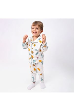 Ekru Yeşil Turuncu Yaprak Kaktüs Desenli Kruvaze Yaka Pijama Takımı