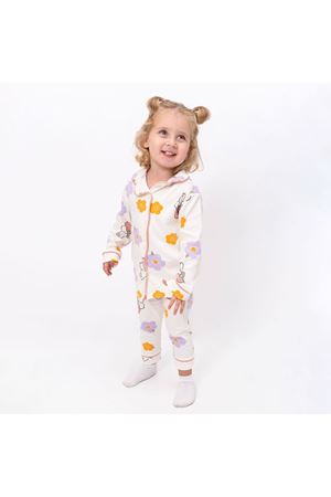 Kız Çocuk Ekru Turuncu Lila Çicek Tavşanlı Desenli Kruvaze Yaka Pijama Takımı