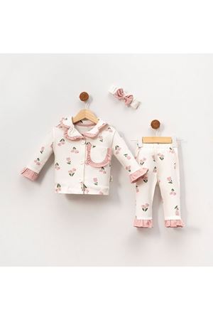 Kız Çocuk Ekru Pudra Lale Desenli Fırfırlı Bandanalı Pijama Takımı
