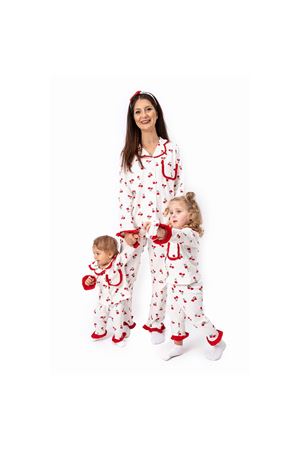 Kadın Anne Ekru Kırmızı Lale Desenli Fırfırlı Bandanalı Pijama Takımı