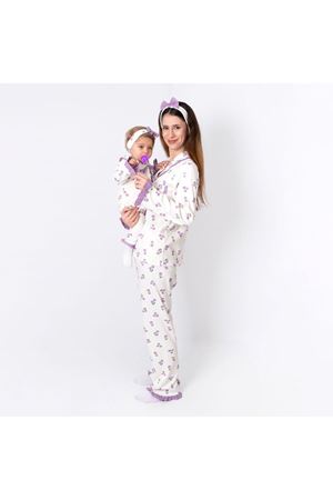 Kadın Anne Ekru Mor Lale Desenli Fırfırlı Bandanalı Pijama Takımı