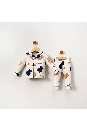 Kadın Anne Ekru Kahve Laci Biyeli Smile Yazılı Ayıcık Desenli Kruvaze Yaka Pijama Takımı