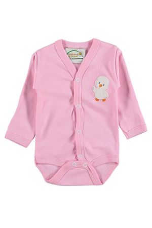 Civciv Nakışlı Kendinden Eldivenli Uzun Kollu Çıtçıtlı Pembe Zıbın