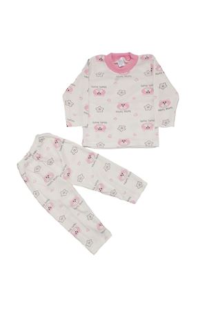 Kız Çocuk Beyaz Pembe Yıldızlı Ayılı Desenli 2'li Pijama Takımı