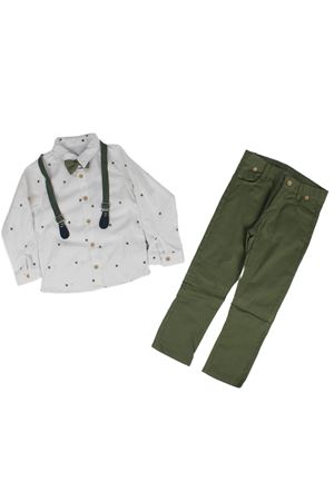 Erkek Çocuk Beyaz Yeşil Yıldız Desenli Papyonlu Gömlekli Papyonlu Askılı 2'li Takım