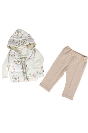Kız Bebek Ekru Kahve Çiçek Desenli Şişme Yelekli 3'lü Takım