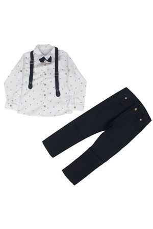 Erkek Çocuk Beyaz Lacivert Küçük Balık Dalgıc Baskılı Papyonlu Gömlekli 2'li Takım