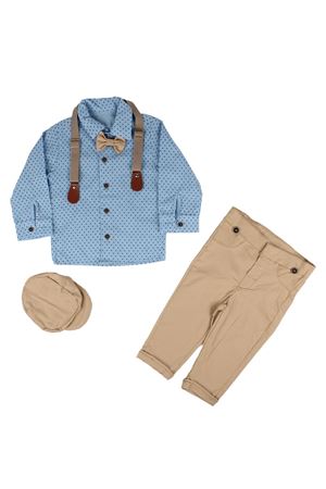 Erkek Bebek Mavi Kahve Puanlı Papyonlu Şapkalı Gömlek Takım