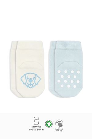 Bistyle 2'Li Hayvan Figürlü Kaymaz Soket Çorap 10104 Mavi Ekru