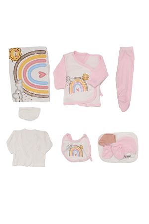 Kız Bebek Beyaz Pembe Renkli Gökküşağı Desenli 10 Parça Hastane Çıkış Seti