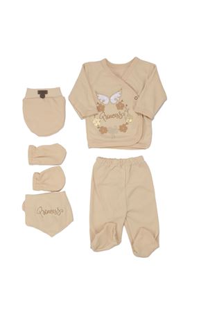 Kız Bebek Bej Prenses Yazılı Kanat Çicek Desenli Organik 5 Parça Hastane Çıkış Seti