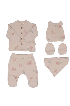 Kız Bebek Bej Balonlu Köpek Baskılı Düğmeli 5 Parça Hastane Çıkış Seti