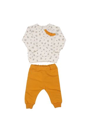 Kız Bebek Ekru Sarı Çicek Desenli Fırfır Detaylı 2'li Takım