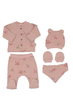 Kız Bebek Gül Kurusu Balonlu Köpek Baskılı Düğmeli 5 Parça Hastane Çıkış Seti