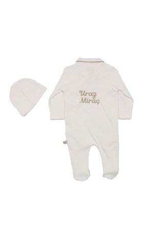 Erkek Bebek Ekru Kahve Şeritli Papyonlu Yandan Çıtçıtlı Bereli İsme Özel Tulum