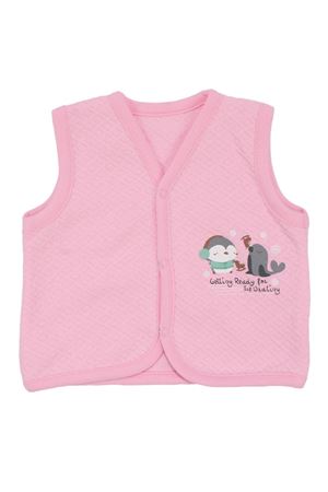 Kız Bebek Pembe Kapitoneli Penguen Desenli Çıtçıtlı Penye Yelek