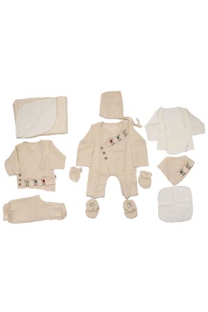 Erkek Bebek Ekru Deve Desenli Pikeli Battaniyeli Müslin Organik 10 Parça Hastane Çıkış Seti