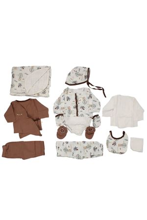 Erkek Bebek Ekru Kahve Uçan Balon Desenli Pikeli Battaniyeli  Organik  10 Parça Hastane Çıkış Seti