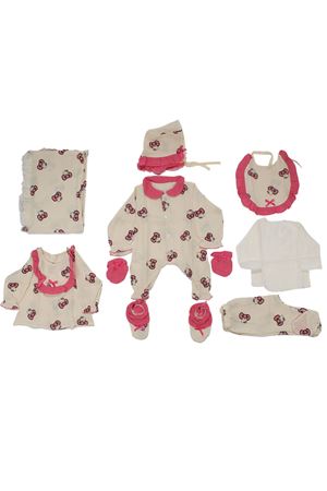 Kız Bebek Ekru Fuşya Kedicik Desenli Müslin Organik 10 Parça Hastane Çıkış Seti