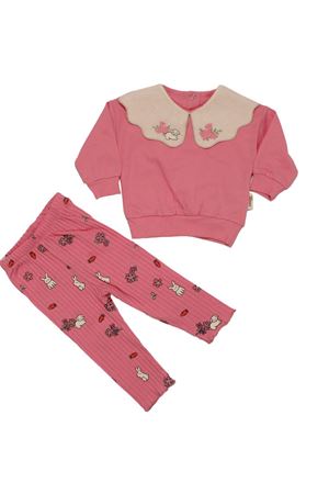 Kız Bebek Pembe Tavşanlı Çiçekli Deseneli Keten Bebe Yakalı İkili Takım