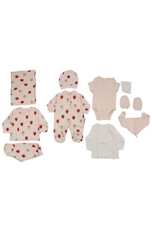 Kız Bebek Ekru Kırmızı Çilekli Desenli Organik 10 Parça Hastane Çıkış Seti