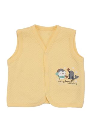 Unisex Bebek Sarı Kapitoneli Penguen Desenli Çıtçıtlı Penye Yelek