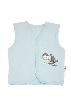 Erkek Bebek Mavi Kapitoneli Penguen Desenli Çıtçıtlı Penye Yelek