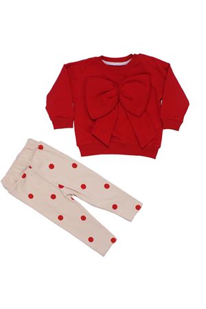 Kız Bebek Kırmızı Ekru Büyük Fiyonklu Puanlı İkili Takım