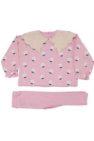 Kız Çocuk Pembe Beyaz Papatya Desenli Keten Bebe Yakalı İkili Takım