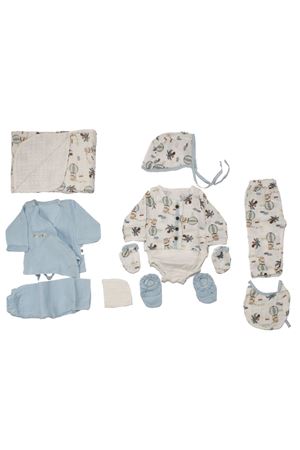 Erkek Bebek Ekru Mavi Uçan Balon Desenli Pikeli Battaniyeli Organik 10 Parça Hastane Çıkış Seti