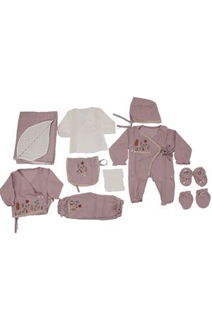 Kız Bebek Mürdüm Müslin Çiçek Nakışlı Pikeli Battaniyeli Organik 10 Parça Hastane Çıkış Seti