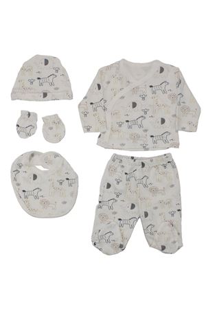 Erkek Bebek Beyaz Renkli Hayvanlı Desenli 5 Parça Hastane Çıkış Seti