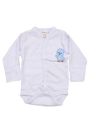 Erkek Bebek Beyaz Mavi Civciv Nakışlı Kendinden Eldivenli Uzun Kollu Çıtçıtlı Zıbın 0-3 Ay