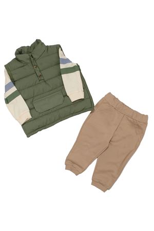 Erkek Bebek Yeşil Bej Şişme Yelekli Önü Kapalı Cepli 3'lü Takım