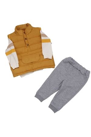 Erkek Bebek Sarı Gri Şişme Yelekli Önü Kapalı Cepli 3'lü Takım