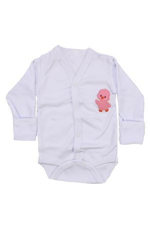 Kız Bebek Beyaz Pembe Civciv Nakışlı Kendinden Eldivenli Uzun Kollu Çıtçıtlı Zıbın