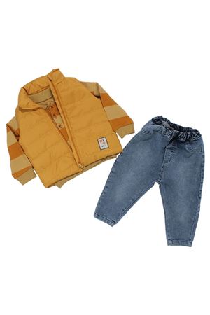 Erkek Bebek Hardal Mavi Kot Pantolonlu Çizgili Badili Şişme Yelekli 3'lü Takım