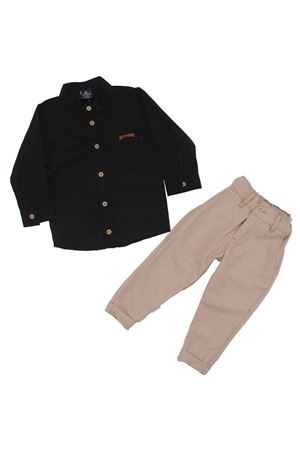Erkek Çocuk Siyah Bej Hakim Yaka Gömlekli 2'li Takım