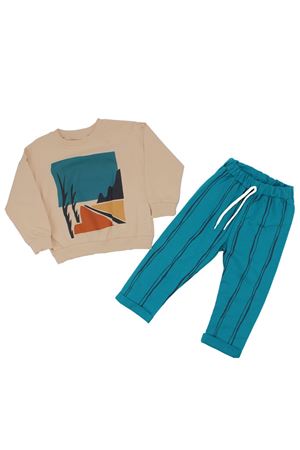 Erkek Çocuk Ekru Mavi Manzara Baskılı Çizgili Pantolonlu 2'li Takım