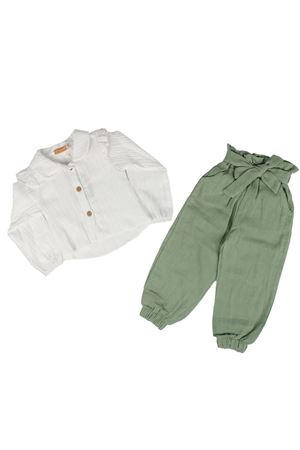 Kız Çocuk Beyaz Yeşil Müslin Pantolonlu Yakalı 2'li Takım