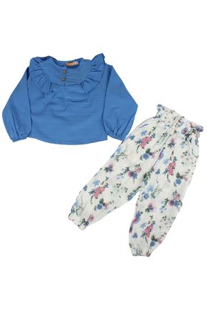 Kız Çocuk Mavi Beyaz Çiçekli Pantolonlu Fırfırlı Müslin 2'li Takım